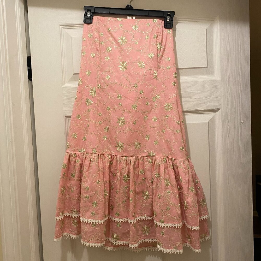 Lilly Pulitzer Pink with Green Floral Embroidery Strapless Tiered Dress Size 6